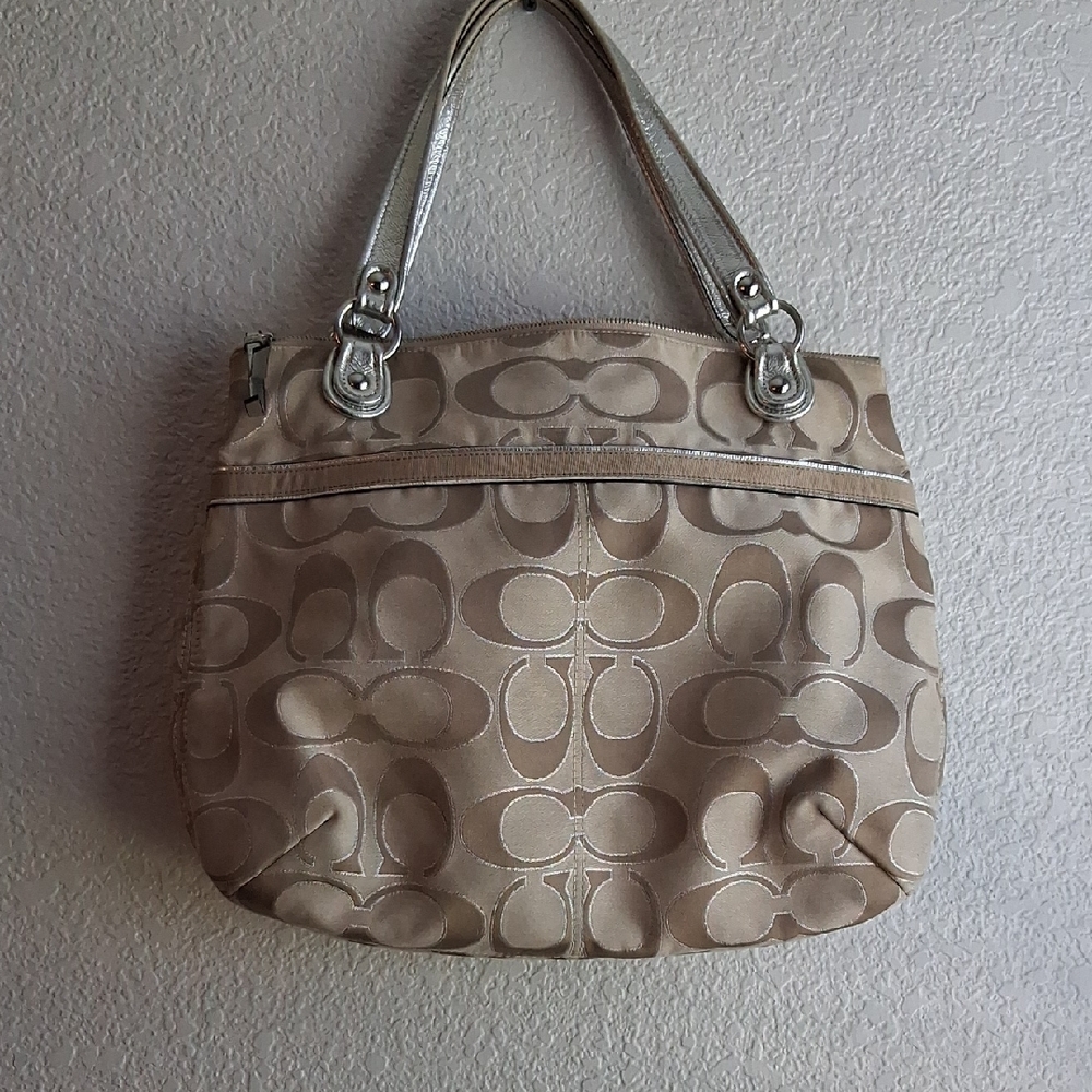 Coach Tan and Silver Shoulder Bag with Patterned Fabric and Silver Hardware